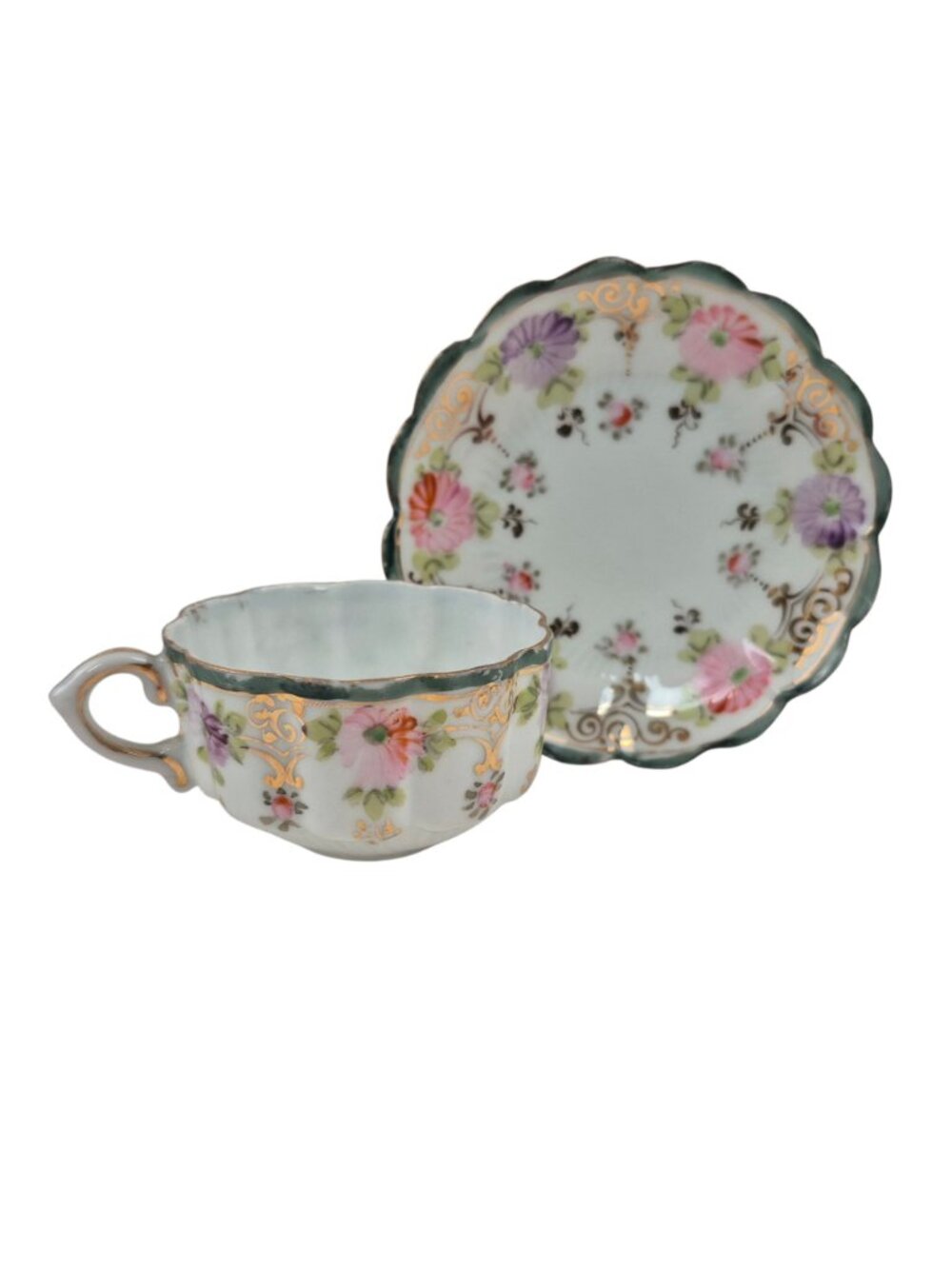 Tea Cup Saucer Set Porcelain Pink Purple Floral Design Green Trim Gold Accents - Picture 10 of 10